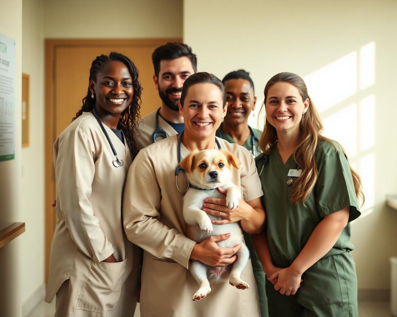 Equipe veterinária do Conviva sorrindo com cãozinho