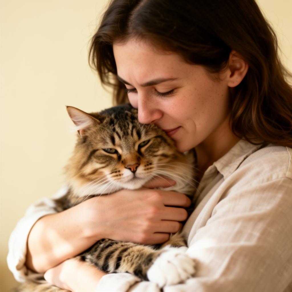 Tutora abraçando seu gato com carinho